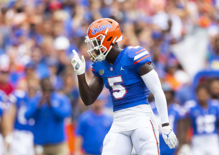 Sep 18, 2021; Gainesville, Florida, USA; Florida Gators safety Kaiir Elam (5) against the Alabama Crimson Tide at Ben Hill Griffin Stadium. Mandatory Credit: Mark J. Rebilas-USA TODAY Sports